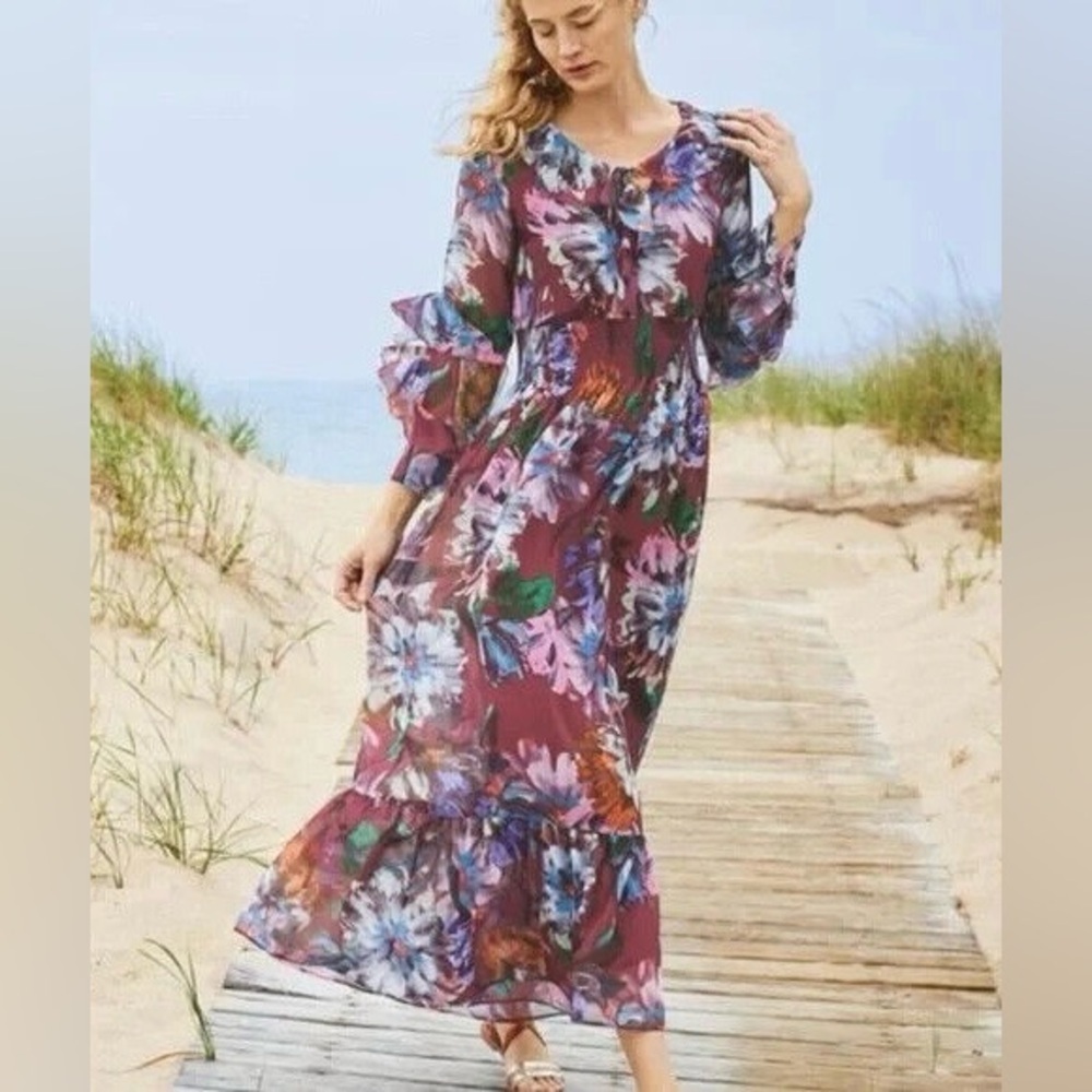 Soft Surroundings Fiore Rosa Merlot Floral Ruffled 3/4 Sleeve Tiered Maxi Dress
